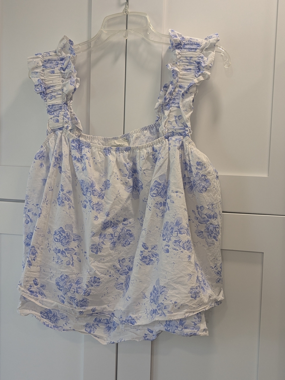 Tuckernuck White Babydoll Top with Light Blue Floral Ruffle Straps
